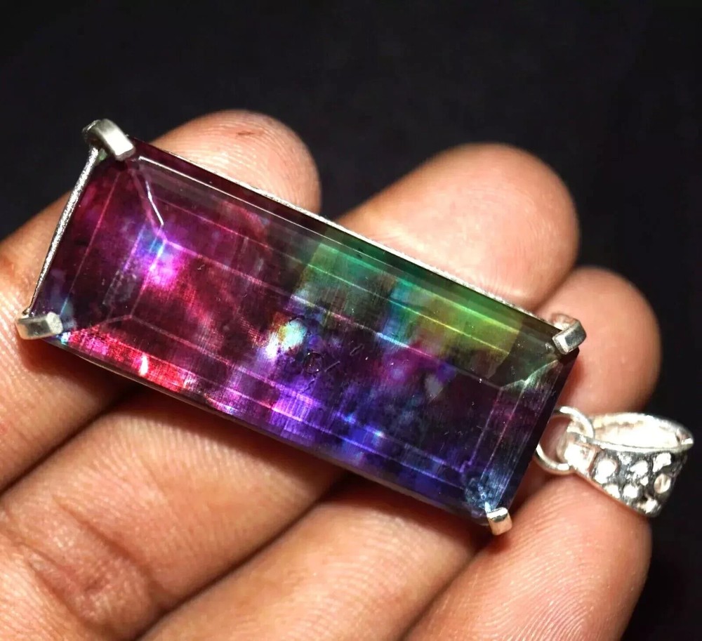 64.70Ct Certified Natural Ammolite 925 Silver Emerald Cut Pendant Loose Gemstone