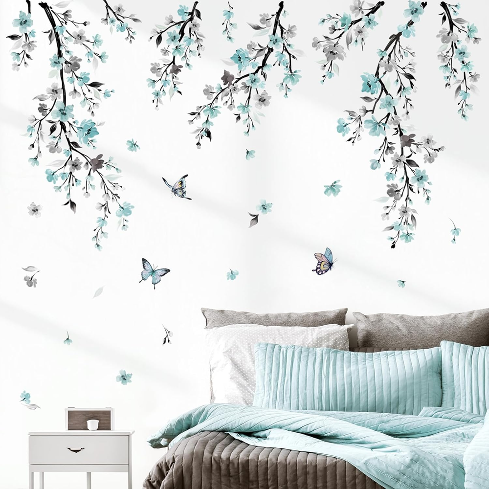 Watercolor Flower Vine Wall Stickers Blue Hanging Floral Tree Branch Wall Art De
