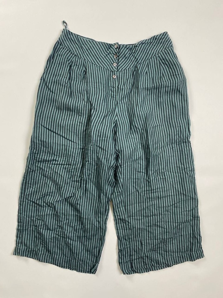 GUDRUN SJODEN Blue Striped Wide Leg Croped Linen Relaxed Pants Trousers Size L