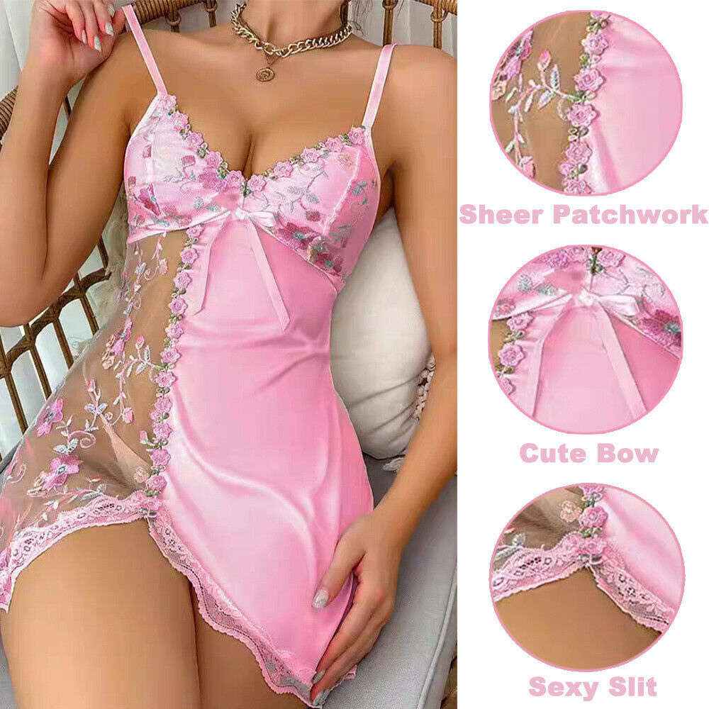 Sexy Lace Embroidered Chemise Babydoll Sleep Dress for Women