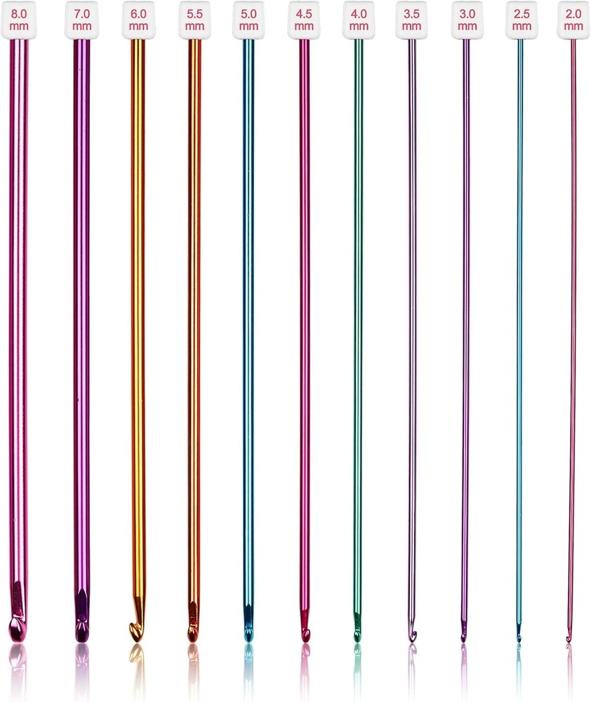 Set of Long Crochet Hooks, 11 Tunisian Crochet Hooks, Colorful Metal Hook
