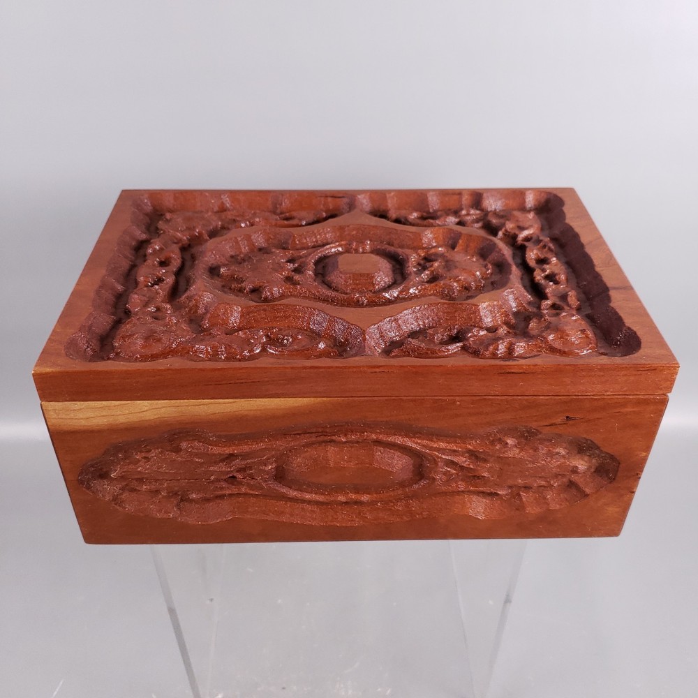 Vintage Hand Carved Rosewood Sheesham Floral Trinket Jewelry Box with Hinged Lid