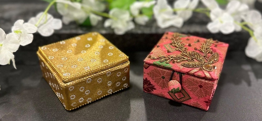 Gold & Red Embroidered Beaded Jewelry Trinket Box Set of 2