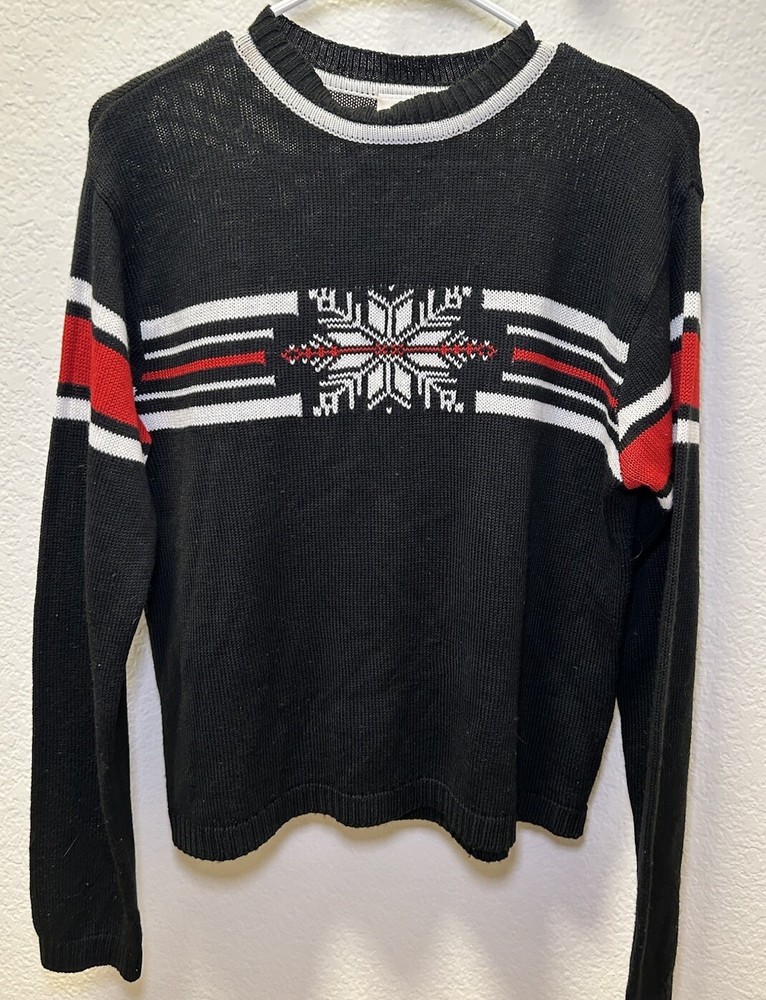 Columbia Christmas Knit Sweater Large Retro Black Red Stripe Snowflake Ski VTG