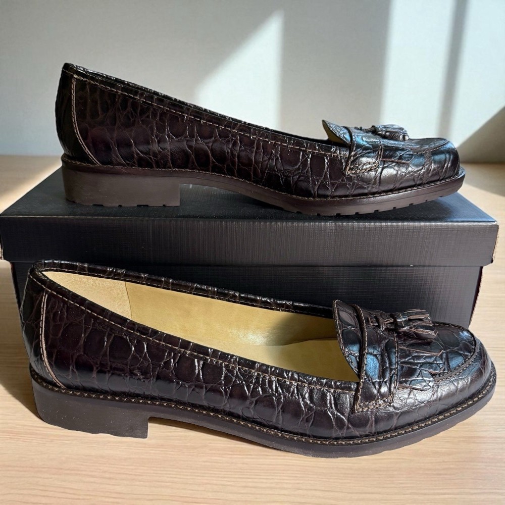 Talbots Women Caster3 Croc Embossed Leather Loafers with Lug Sole & Tassels Size 8M