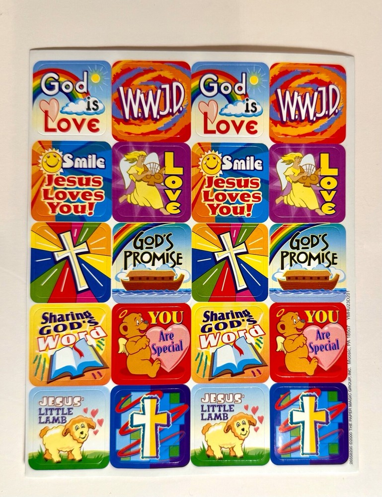 VINTAGE Religious Faith God Jesus Rainbow Cross Lamb STICKERS Sheet WWJD Love u