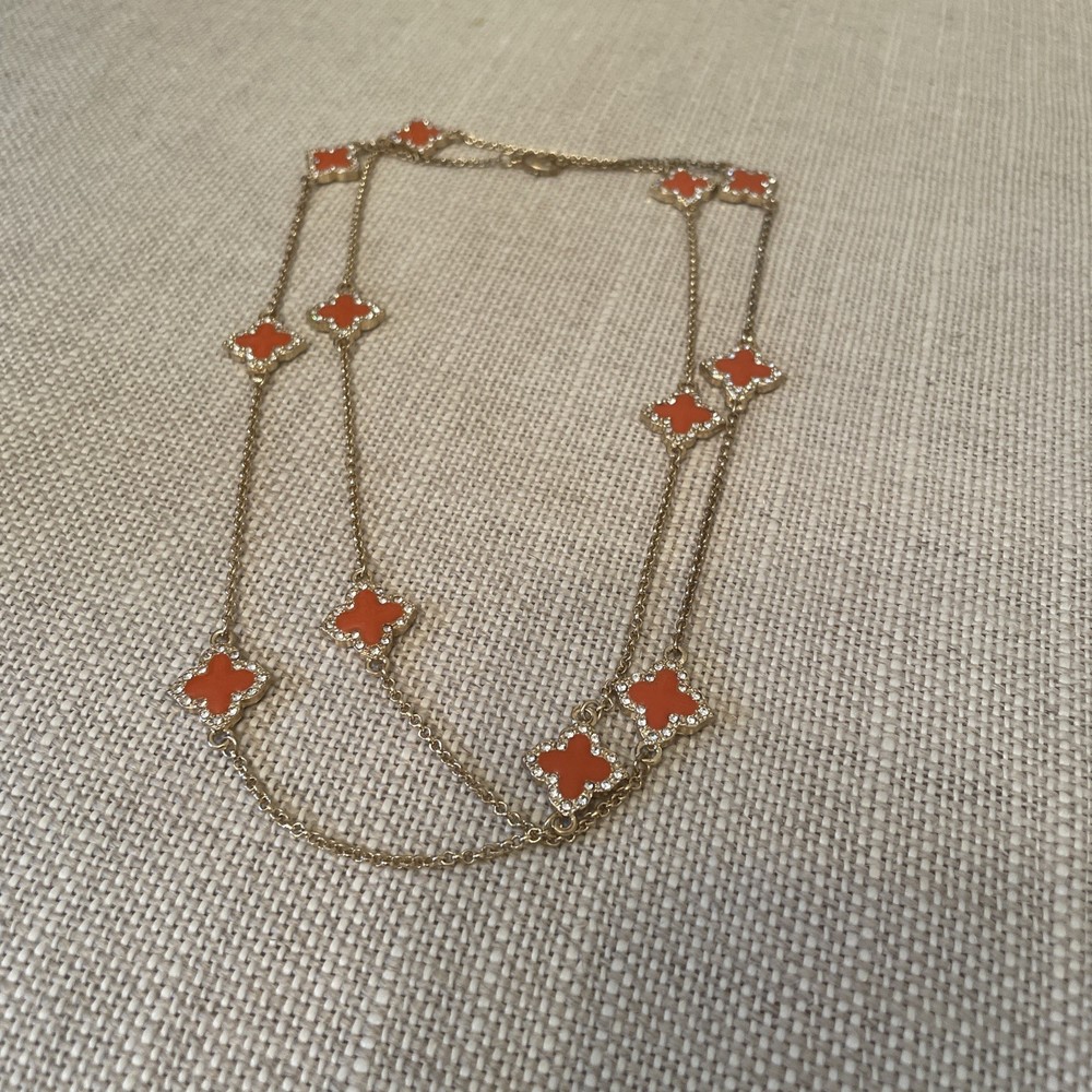 Vintage Coral Enamel Clover Flower Pave Crystal Gold Tone Long Necklace  