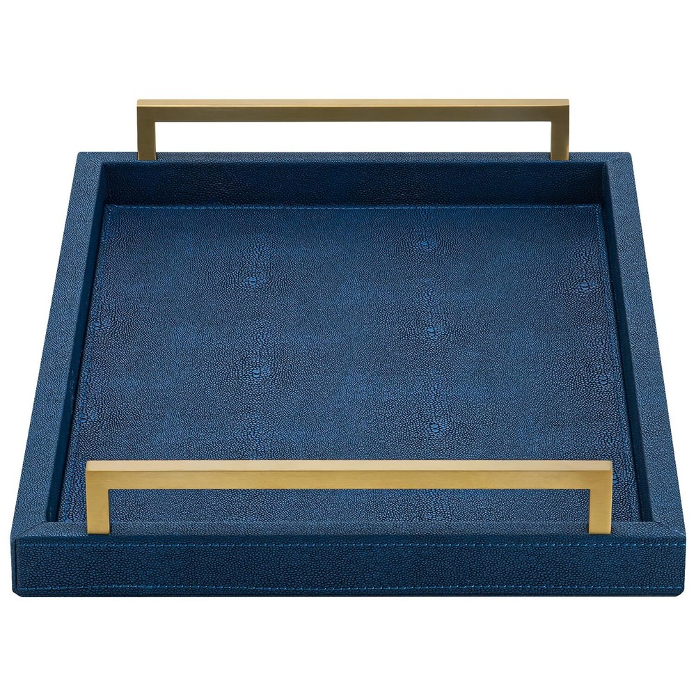 Navy Blue Shagreen Leather Handless Coffee Table Serving Tray