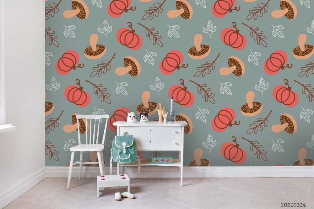 3D Pumpkin Mushrooms Leaves Pattern Wall Murals Wallpaper Murals Wall Sticker