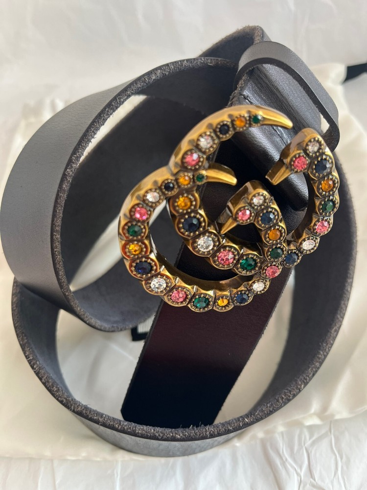 Gucci Black Womens Belt with Color Stone GG Buckle Size 80 Fits 26/28 Waist