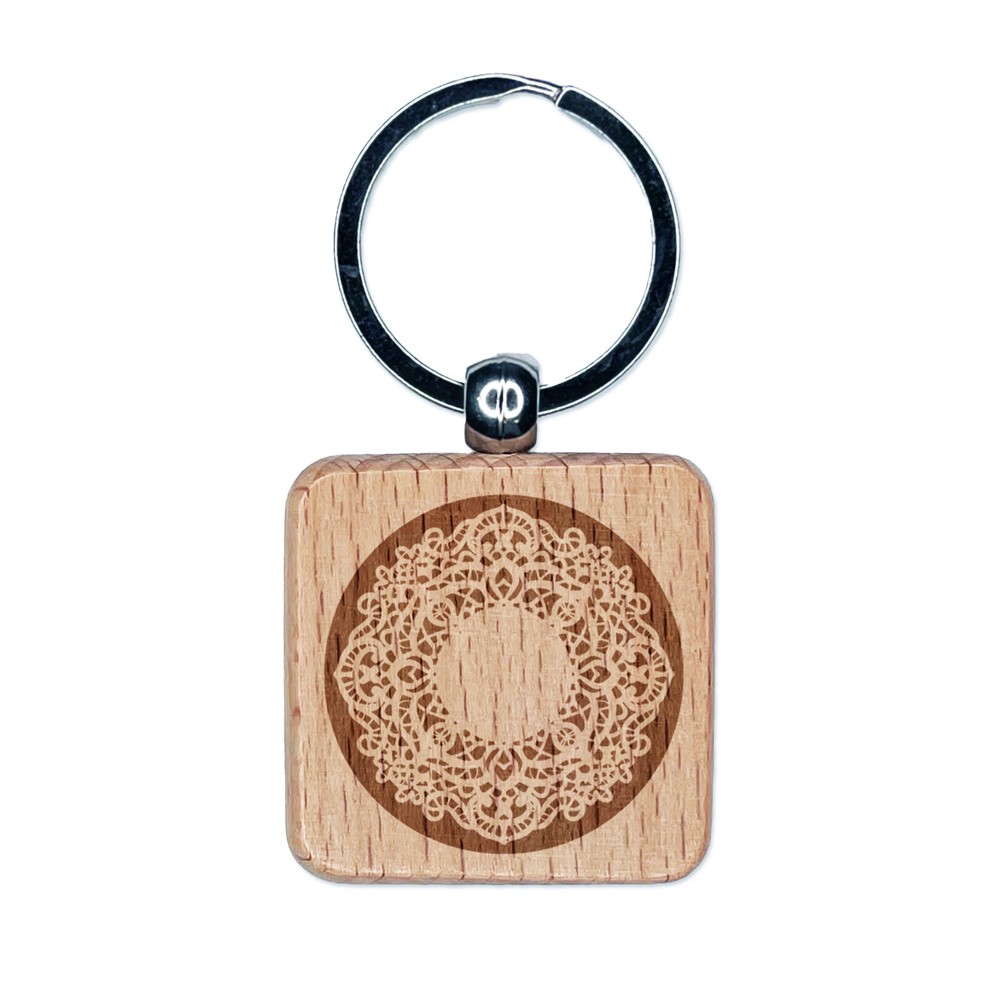 Round Lace Pattern Engraved Wood Square Keychain Tag Charm