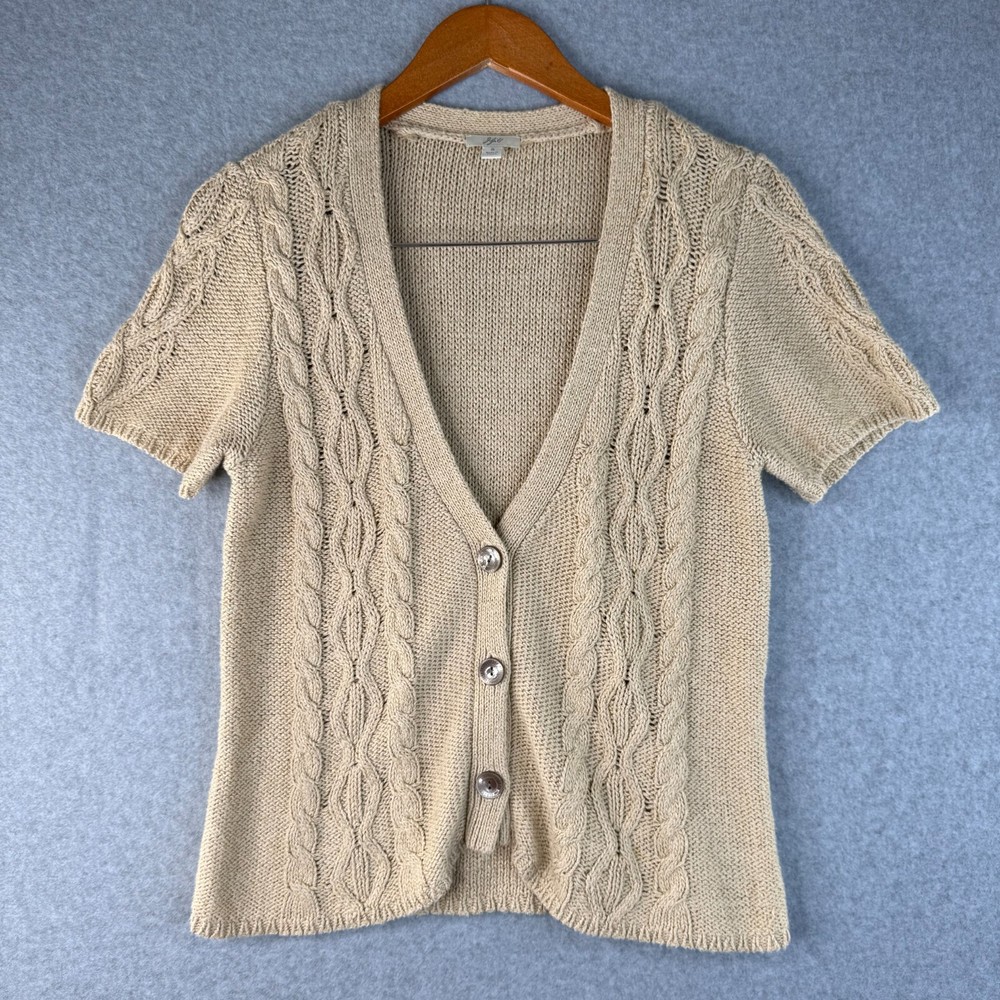J. Jill Cardigan Sweater Women's Small Tan Short Sleeve Cable Knit Button-Front