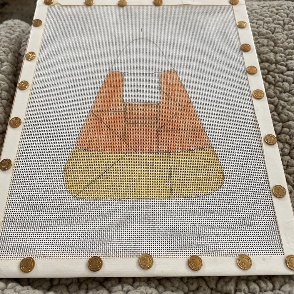 handpainted needlepoint canvas Halloween Candy Corn Family Wood Frame Rare