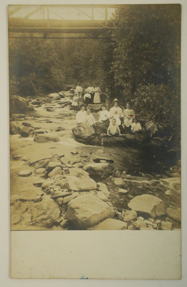Vintage Postcard, Families sitting beside river,  RPPC