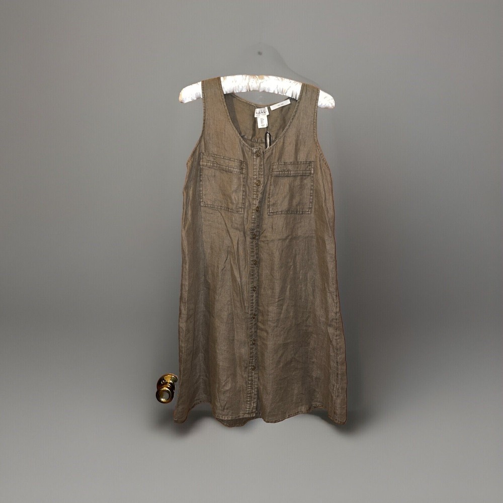 Nicole Miller Seafoam Green V-Neck Button-Up Linen Dress Size Small Sleeveless