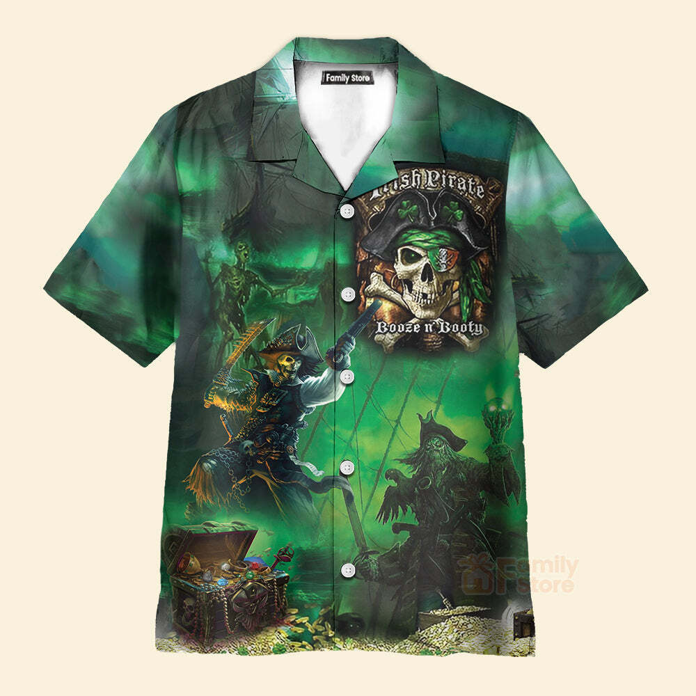 Irish Pirate Booze & Booty Hawaiian Shirt for Men US Size Summer Style