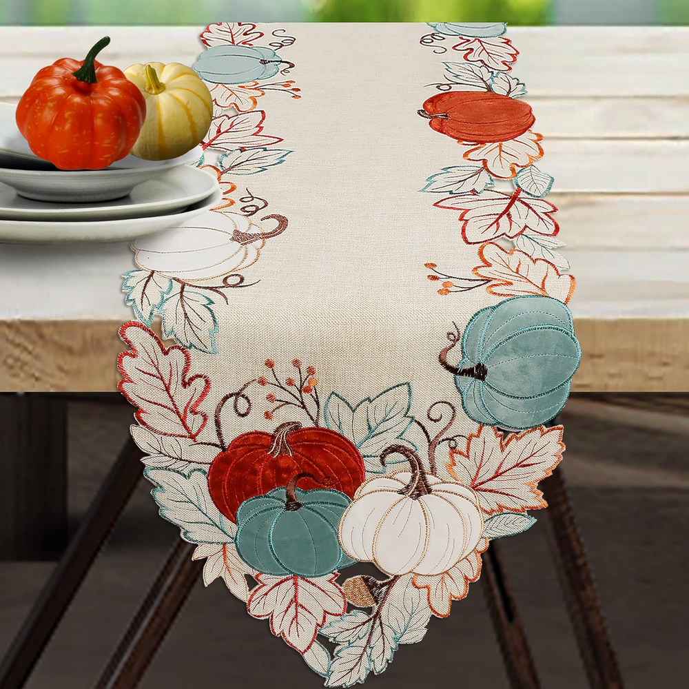Fall Table Runner, Thanksgiving Pumpkins Table Runner 70 Inches Long, Embroidere