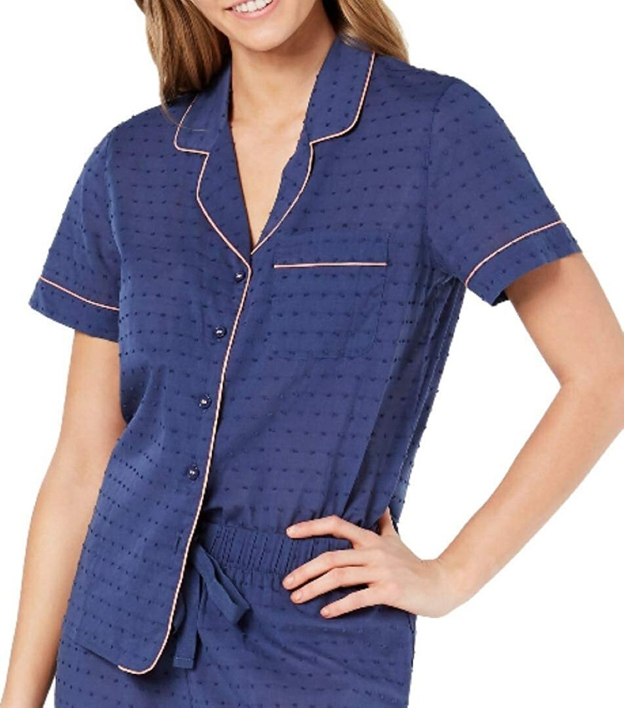 Charter Club Women's Notch Collar Woven Cotton Pajama Top Blue Shark Eye M