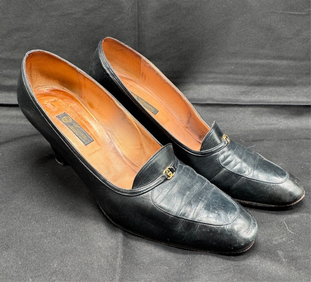 Vintage 1970s GUCCI Black Leather Heels Size 40.5 AA Italy Made