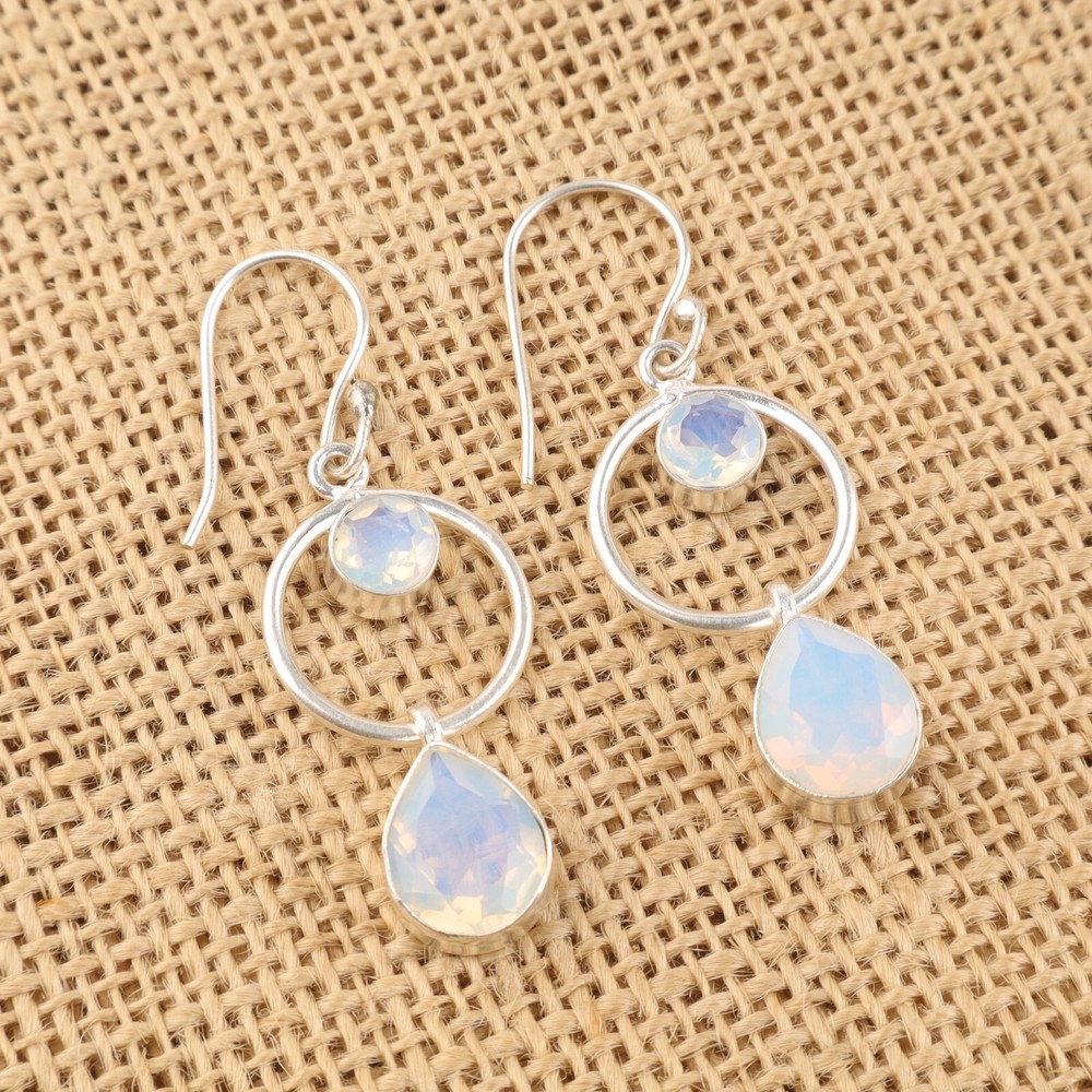 925 Silver Opal Bezel Dangle Earrings for Daughter’s Birthday Jewelry Gift