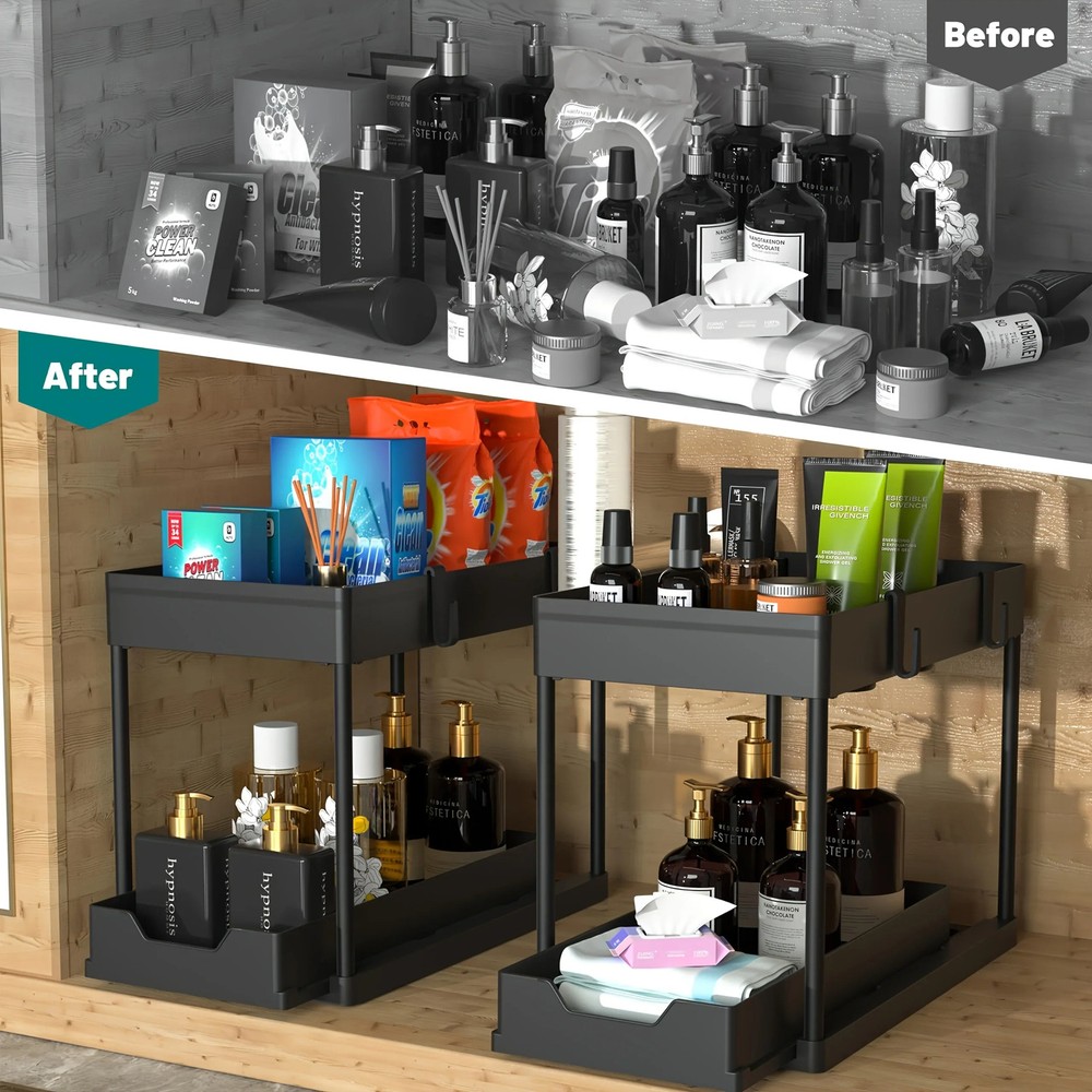 2-Tier Under Sink Sliding Organizer – Cabinet Rack with Hooks for Kitchen & Bat
