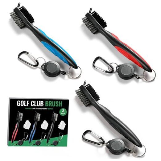 3-Pack Golf Club Brush & Groove Cleaner with Retractable Zip-line