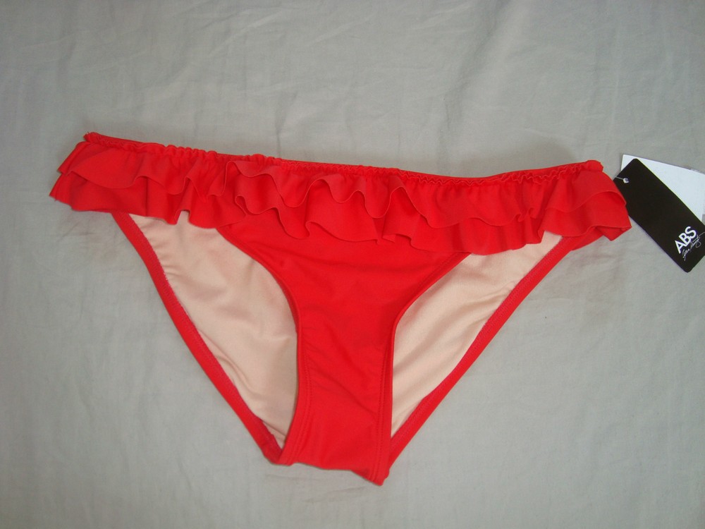 New ABS Allen Schwartz Womens Swimwear Ruffled Red Bikini Bottom 8