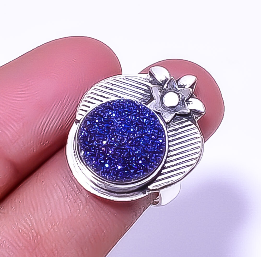 Titanium Blue Agate Drusy Designer Gemstone 925 Sterling Silver Ring Adst. (R45)