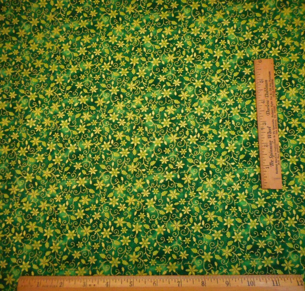 Christmas Fabric Half-Yard Metallic Gold Floral Swirl Green Premium Cotton 29 B