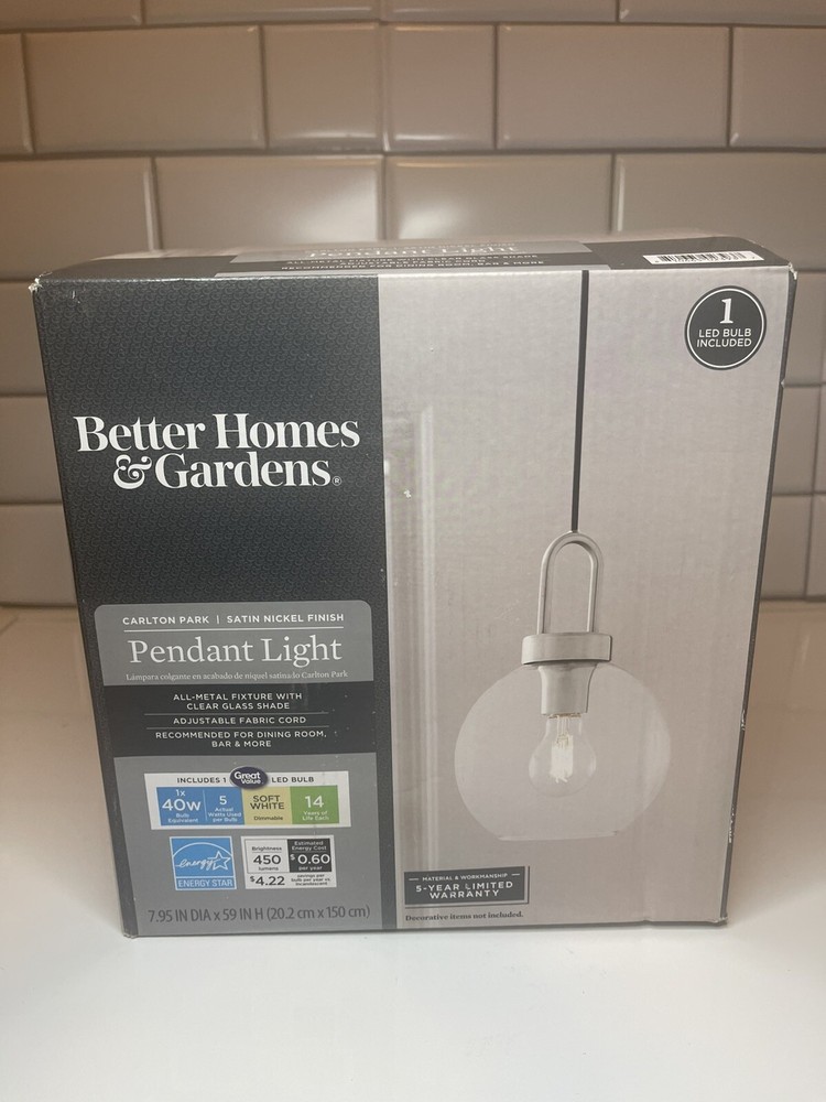 Better Homes & Gardens 59” Nickel Pendant Ceiling Light, Metal Base Glass Shade
