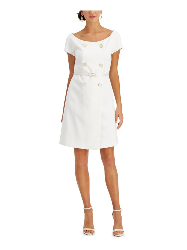 ADRIANNA PAPELL Womens White Belted Button Front Tuxedo Short Formal Dress 6