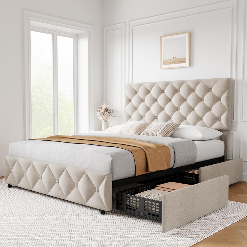 Upholstered Platform Full Size Bed Frame with Adjustable Headboard＆ 4 Drawers