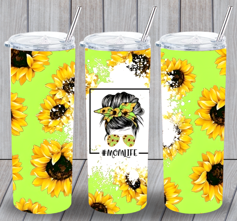 MOM LIFE 13 Sunflowers Multicolor 20oz Insulated Tumbler Lid Clear Straw New