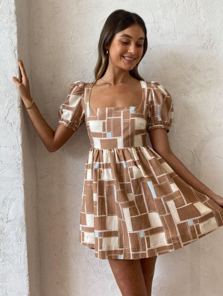 By Nicola Dress AU 8 US 4 Penelope Mini Linen Blend Puff Sleeve Square Neck