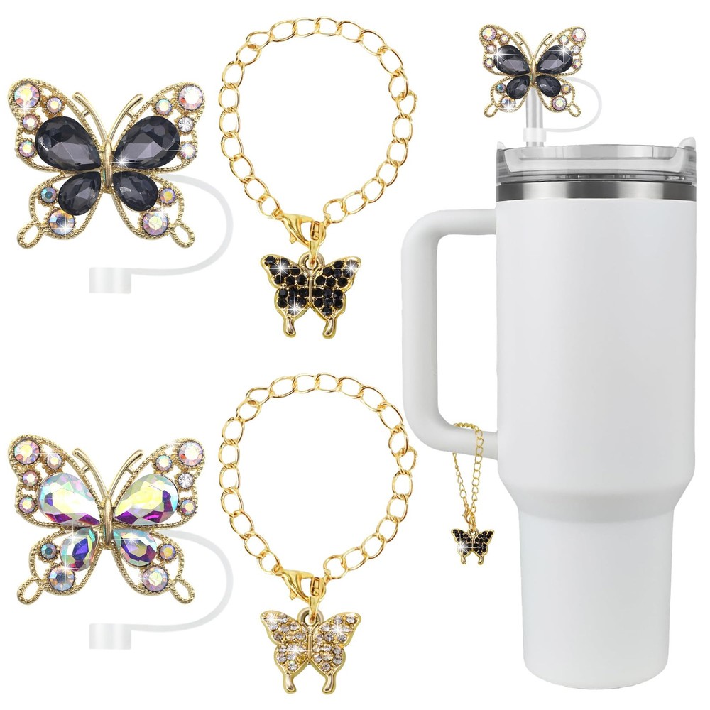 Stanley Cup Accessories Set 2PC Alloy Straw Cover Crystal Topper with Straws