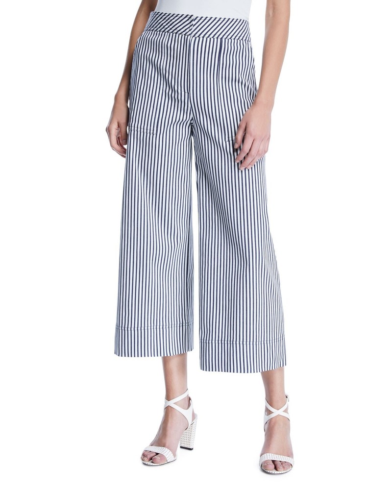Trina Turk Blue Stripe Cotton Tencel Blend Cropped Wide Leg Culottes Nautical