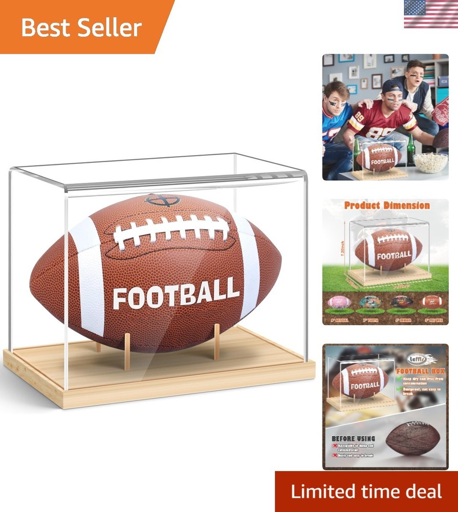 Full Size Clear Acrylic Football Display Case with UV Protection and Wooden Base-image