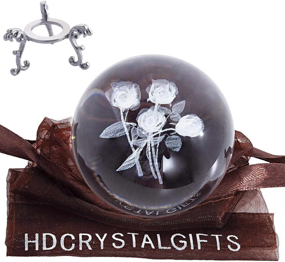 2.4 Inch Rose Bouquet Crystal Ball with Silver-Plated Flower Base