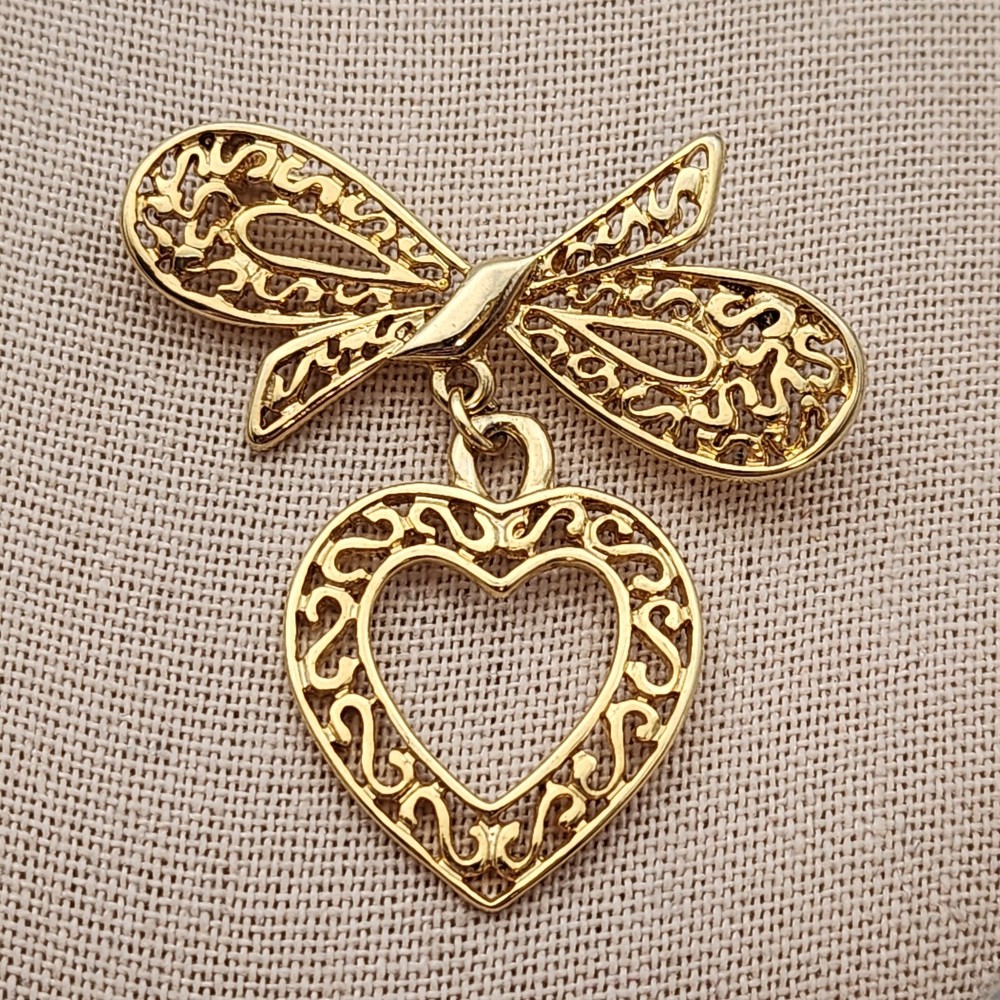 Victorian Style Filigree Bow Open Heart Dangle Yellow Gold Tone Bar Brooch Love
