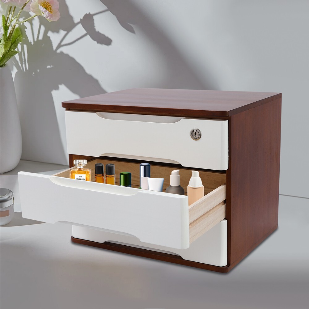 Wooden Desktop Storage Box with Lock for Office or Home Organization