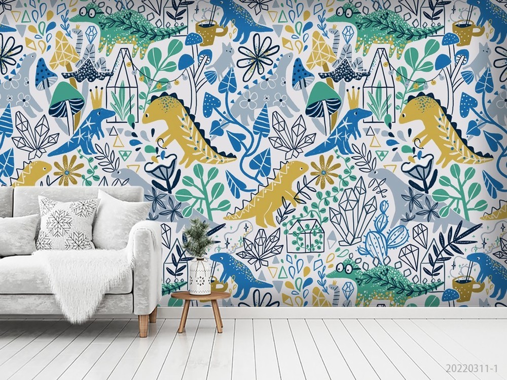 3D Hand Drawn Dinosaur Leaves Pattern Wall Murals Wallpaper Murals Wall Sticker