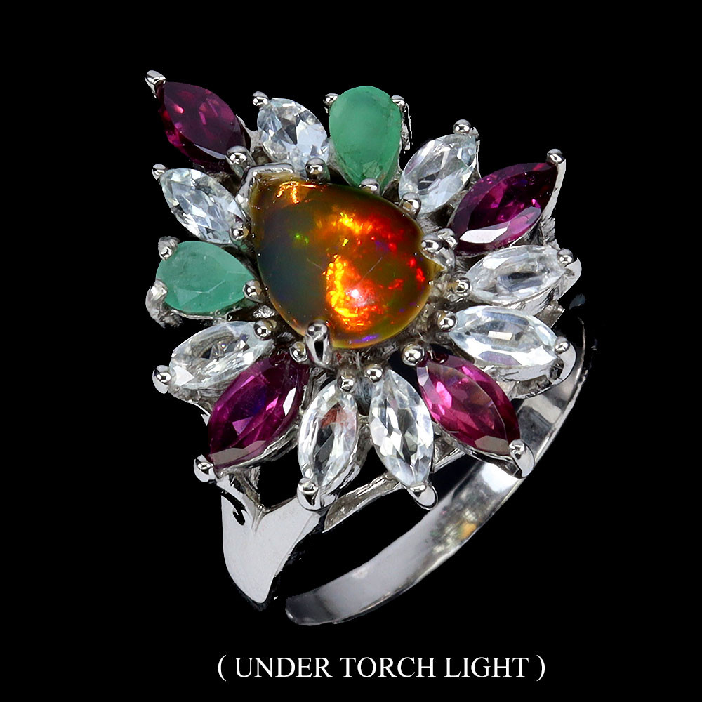 Valentine’s 925 Silver Ring with Pear Fire Opal Aquamarine Jewelry Size 9