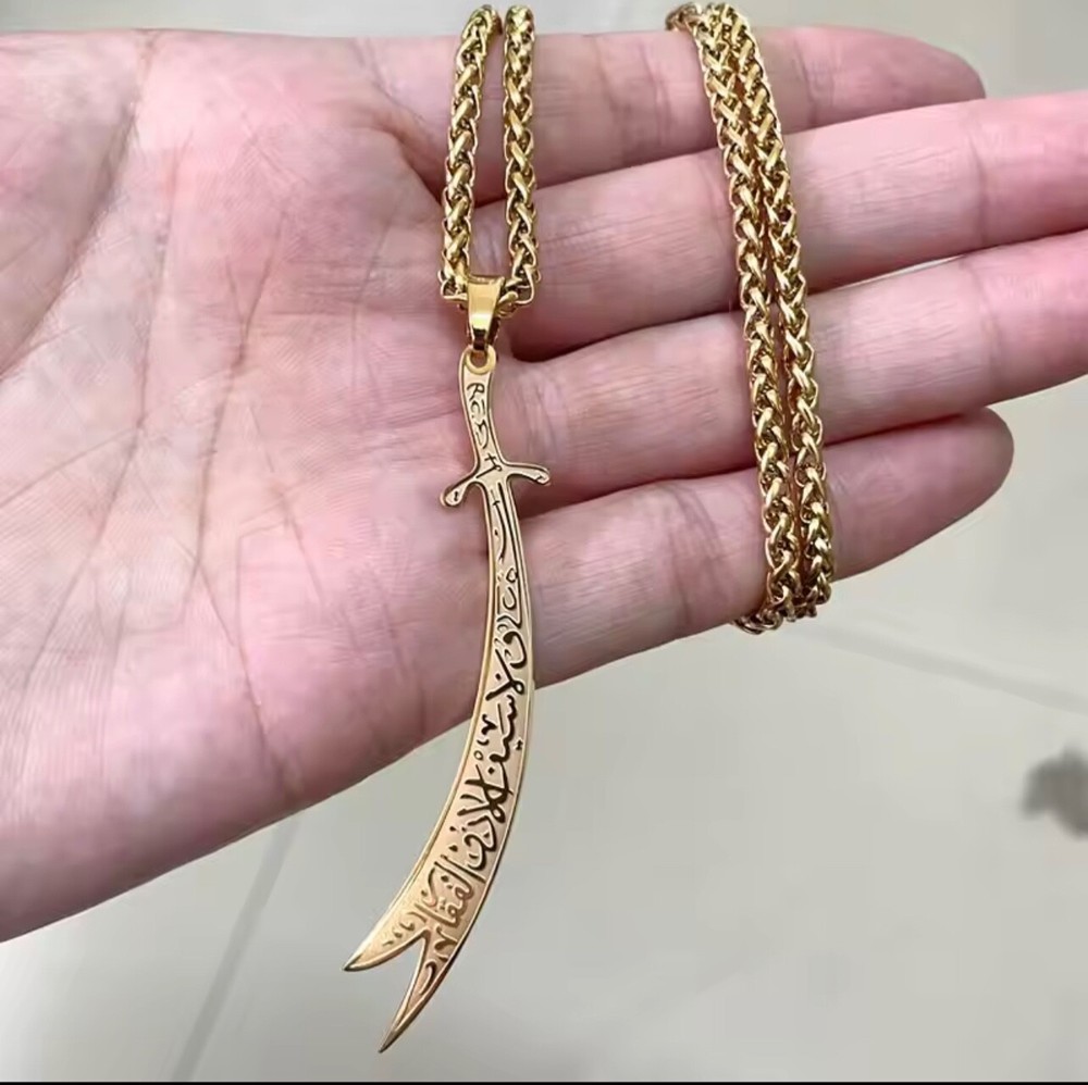 Islamic Ali Zulfiqar Sword Pendant Necklace Golden Dagger Knife Ramadan Eid Gift