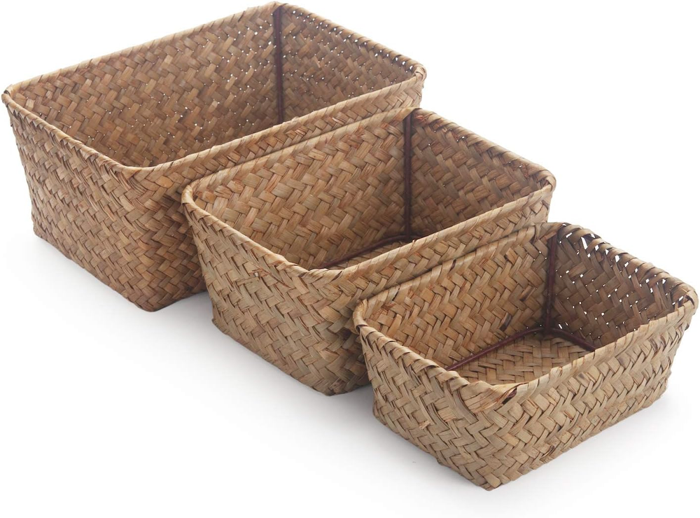 Handmade Seagrass Wicker Basket - Small Rectangular Open Storage Bin