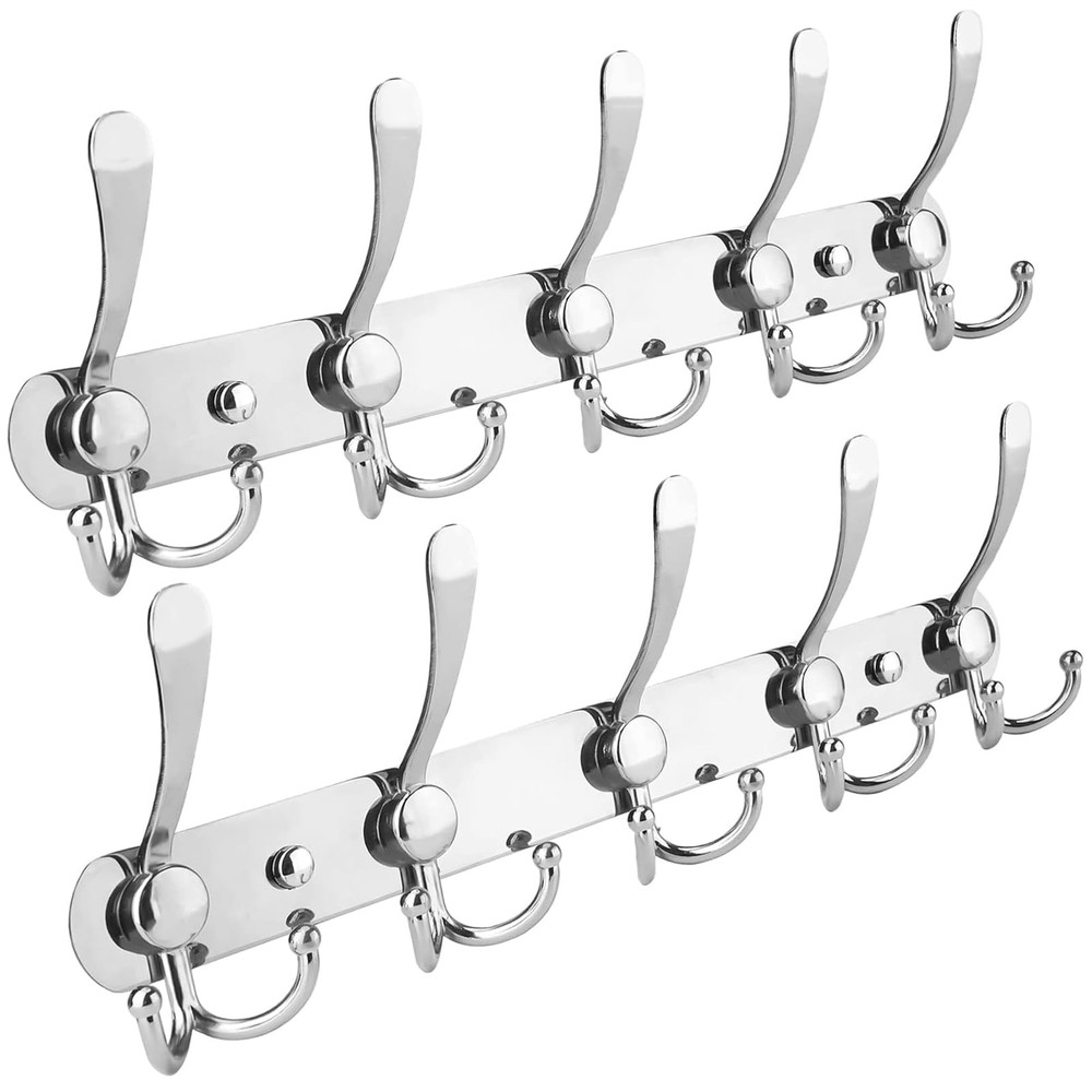 2-Pack Wall Mounted Coat Rack with 5 Tri Hooks - Space Saving Clothes Organizer