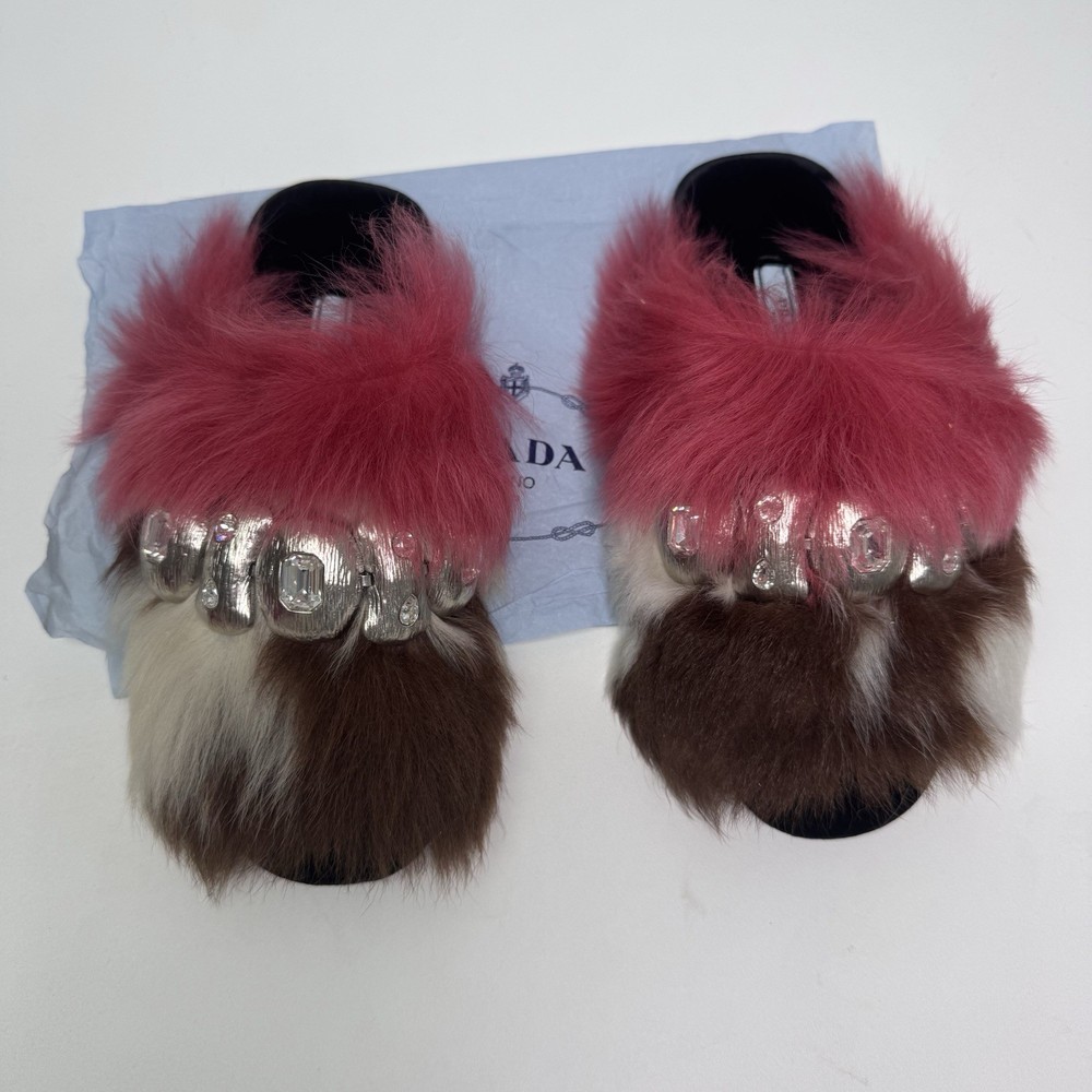 Prada Real Fur Embellished Slide Slippers Pink size 35 Made in Italy