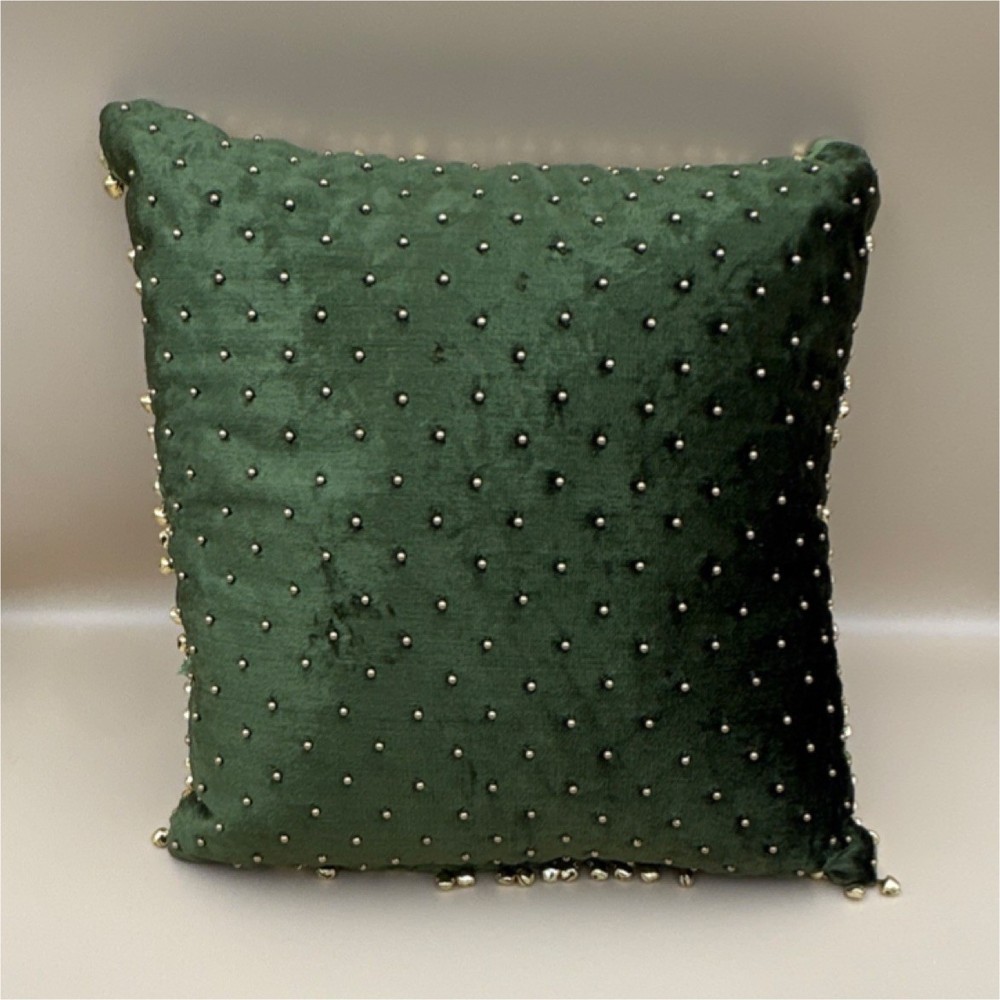 Velvet Green Beaded Decorative Pillow Square Modern Zip Closure