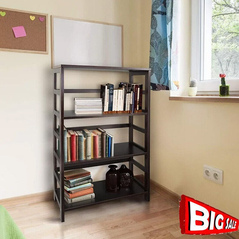 4 Shelf Bookcase Storage Shelves Organize Foldable Durable Living Room Espresso