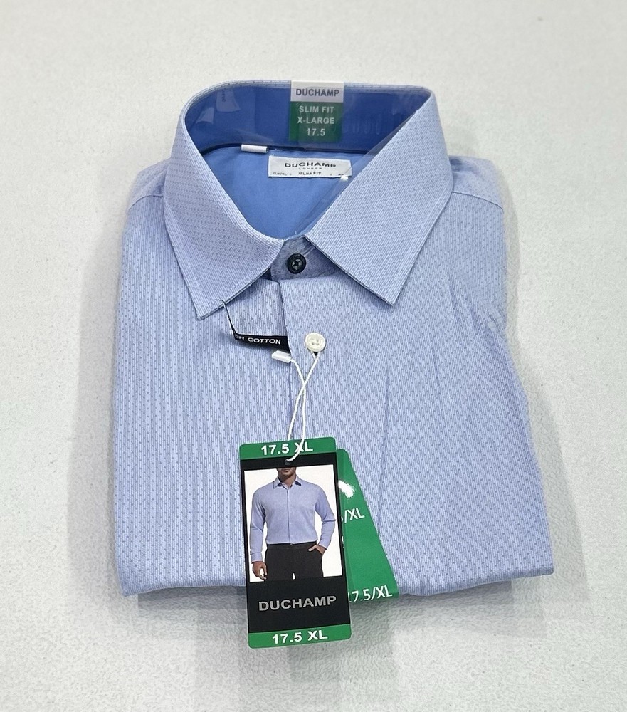 Duchamp London Men's Slim Fit Cotton Stretch Shirt, Blue, Size 17.5 XL