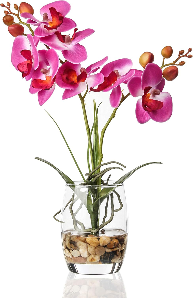 Glass Vase with Artificial Orchid Bonsai Vivid Phalaenopsis Floral Decor